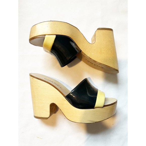 CHANEL Marin Patent Navy/Yellow Leather Platform Wooden Mule Size EU37/US6.5 - Picture 3 of 11